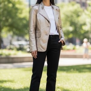 Theory Persia Metallic Leather Jacket Rose Gold (Champagne)Coral Blazer Size 10